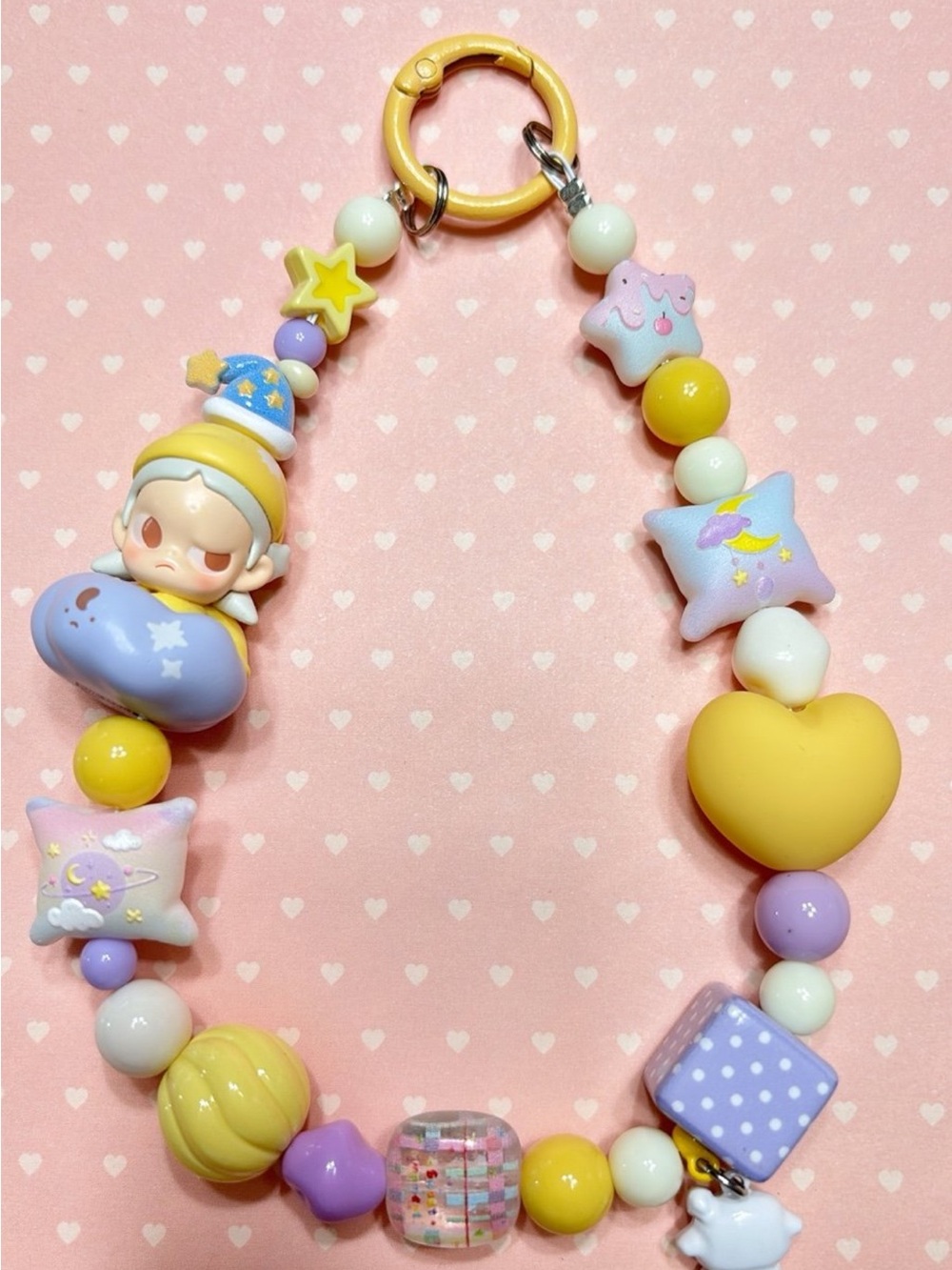 Pastel Yellow & Lavender Heart Beaded Charm Keychain for Kids